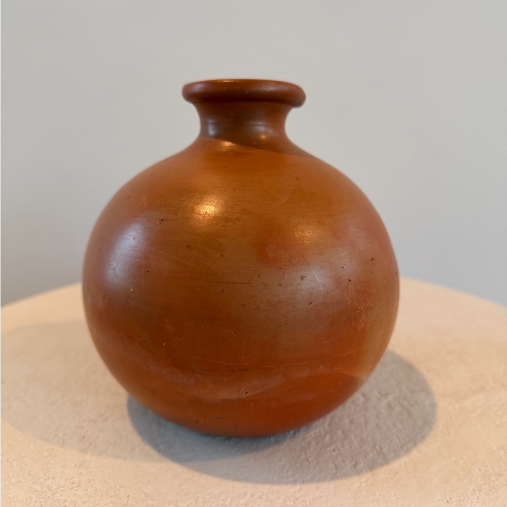 VINTAGE 1980’s TERRACOTTA ROUND ART BALL POTTERY VASE BLACK GLAZED CIRCLE BOHO - Picture 5 of 8